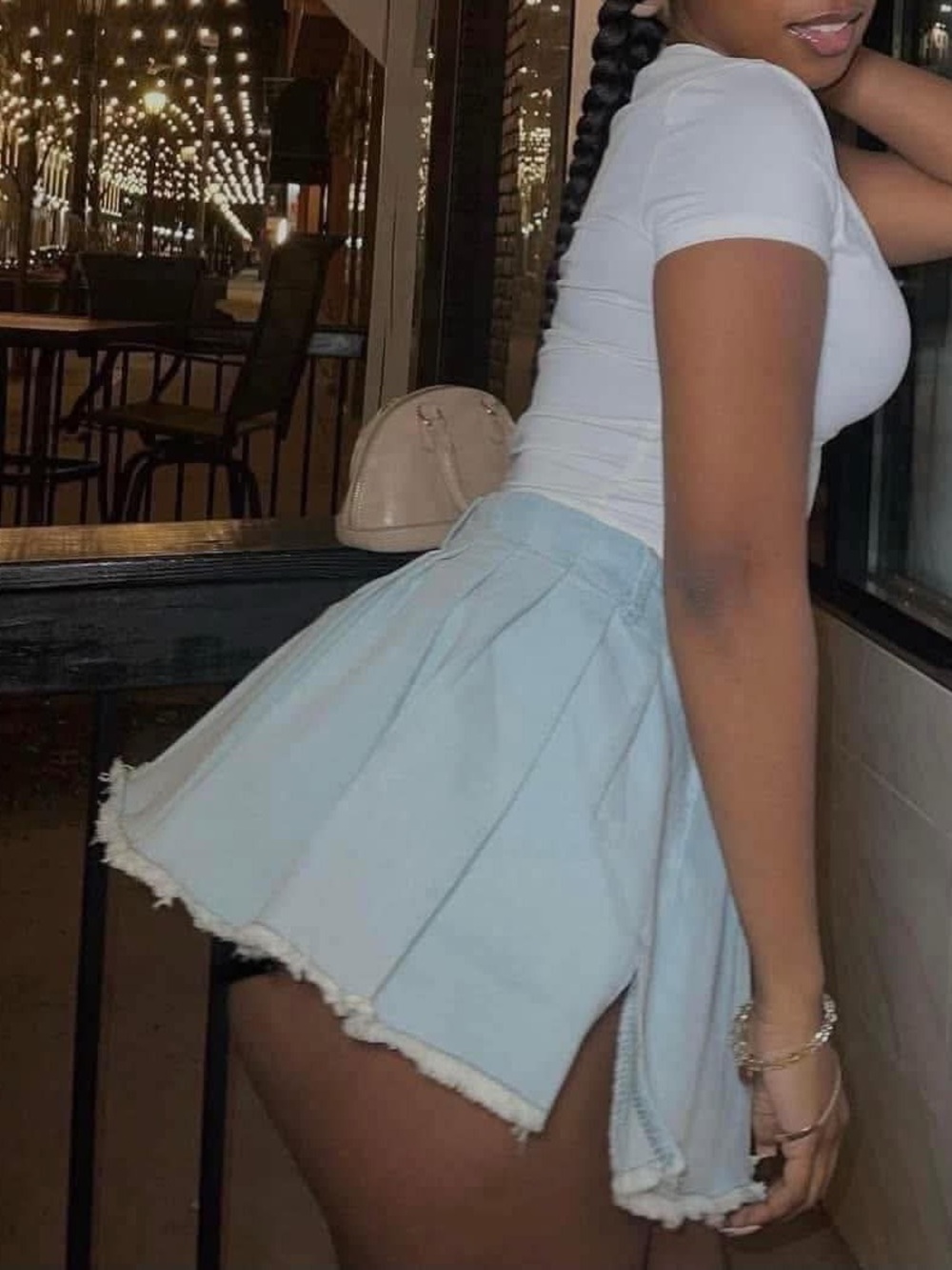 Fashion Nova Light Blue Denim Pleated Mini Skirt
